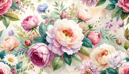 A watercolor seamless botanical pattern featuring roses, peonies, and delicate wildflowers. Soft gradients and painterly brush textures add elegance and romance.