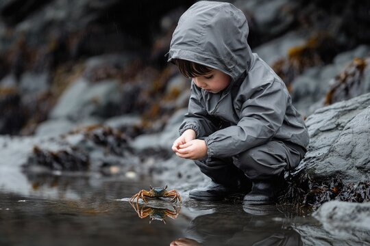 A young child in a grey rain suit squats by a rocky shore, intently observing a small crab in a shallow tide pool.