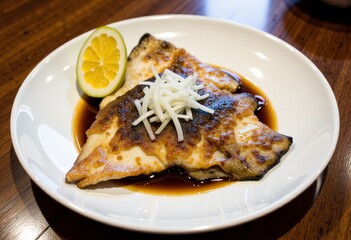 Exquisitely Grilled Fish Fillet with Soy Glaze Topped with Julienned Onions and Lemon Slice on Wooden Table