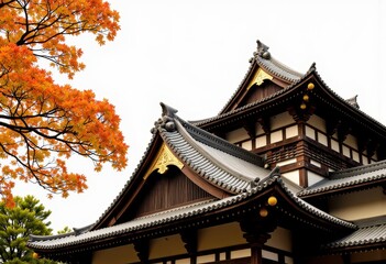 Traditional Japanese Temple Rooftops Adorned with Intricate Wooden Architecture Beneath Golden Autumn Leaves in Serene Landscape Setting