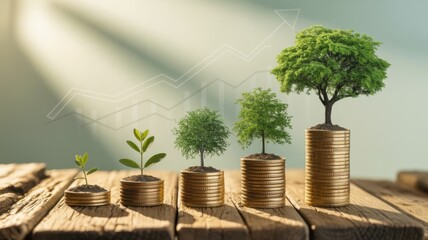 Financial growth concept showing plant growing on money coins stack with graph for investment, business, and economic development over time