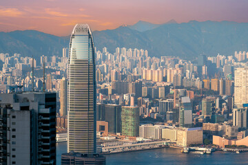 Aerial evening sunset view of the city and the bay in the valley, urban strait, urban modern landscape