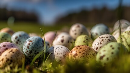 Colorful decorative eggs lying on green grass in natural setting