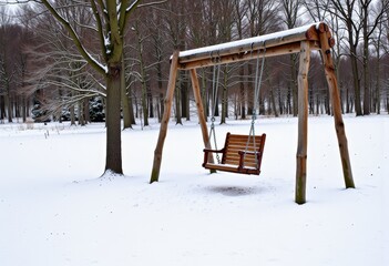Serene Winter Landscape Featuring a Wooden Swing Set Amidst Snow-Covered Trees in a Tranquil Forest Setting Highlighting Nature's Calm and Beauty
