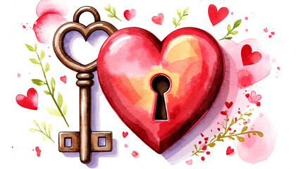 Heart and key illustration with floral details and red hearts  