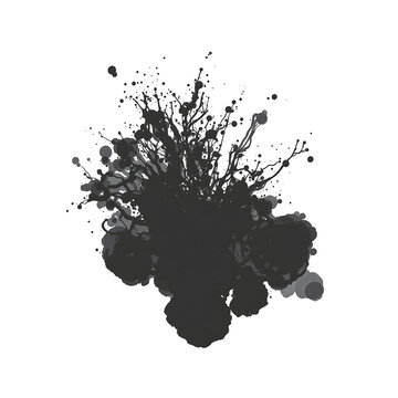 Abstract gray splash with multiple droplets isolated on transparent background