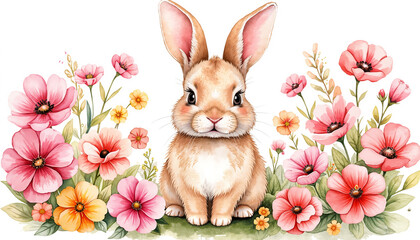 Cute rabbit sitting among colorful flowers in a floral arrangement  