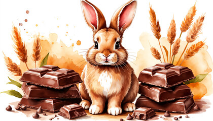 Cute brown rabbit sitting beside chocolate bars on watercolor backdrop  