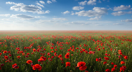 Obraz premium Lush poppy field under blue sky with fluffy clouds at dawn 