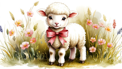 Cute lamb standing in a field of flowers with a pink bow  