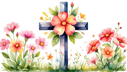 Floral cross with pink flowers and greenery in watercolor style  