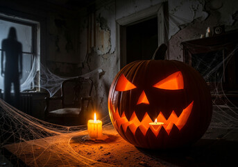Angry faced jack o lantern surrounded by burning candles in dark haunted house on Halloween night