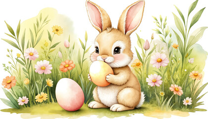 Cute bunny holding Easter egg in flowering meadow  