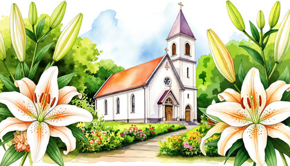 White church surrounded by blooming lilies and greenery  