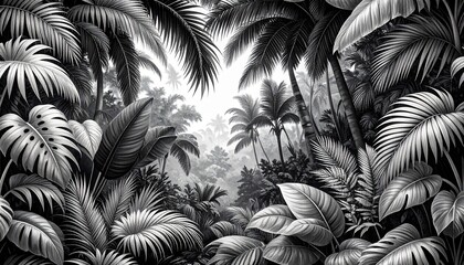 A bold monochrome seamless botanical pattern with dense jungle foliage, palm trees, and large leaves. Graphic and striking, ideal for modern fashion and decor.