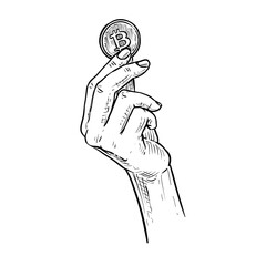hand holding bitcoin vector line art hand drawn illustration