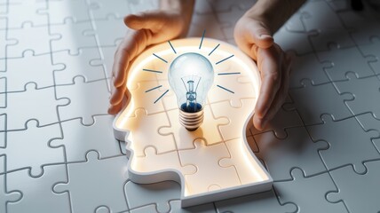 Hands holding a head profile made of jigsaw puzzle pieces with a light bulb inside, symbolizing creative problem solving