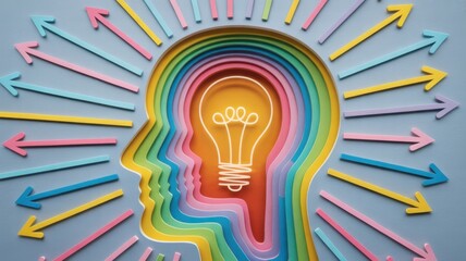 Colorful paper cut head profile with light bulb inside and arrows pointing to the head, symbolizing creativity and new ideas