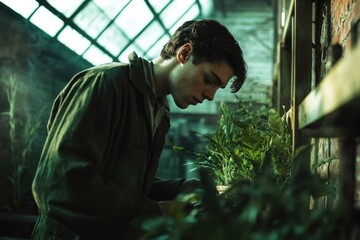 A young man in an olive jumpsuit carefully examines lush green potted plants in a dimly lit greenhouse, demonstrating focused horticultural care. He is dedicated.