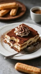 A slice of tiramisu dessert topped with whipped cream and cocoa powder, served on a white plate with a spoon, accompanied by ladyfingers and espresso.