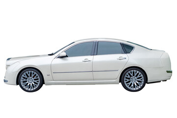Beautiful Classic Car. Side view of modern white sedan car, isolated on transparent background, Luxury business car cut out background for graphic design element, PNG File