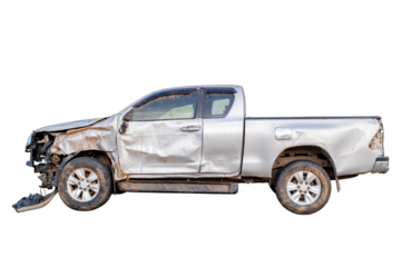 Car crash, Side view of brown pickup car get hard damaged by accident on the road. damaged cars after collision. isolated on transparent background, PNG File
