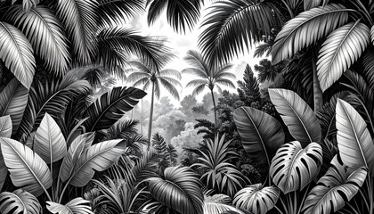 A bold monochrome seamless botanical pattern with dense jungle foliage, palm trees, and large leaves. Graphic and striking, ideal for modern fashion and decor.