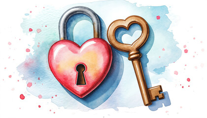 Heart-shaped lock and key illustration with watercolor background  