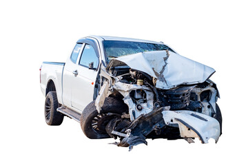 Full body front and side view of white pickup car get damaged by accident on the road. damaged cars...