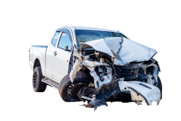Full body front and side view of white pickup car get damaged by accident on the road. damaged cars after collision. Isolated on transparent background, car crash broken, PNG File