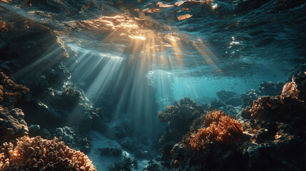 Sunlight beams pierce the clear blue ocean illuminating a vibrant coral reef and sandy seabed