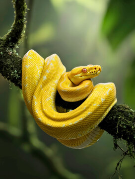 Stunning yellow tree python coiled gracefully on mossy branch, its vivid color and intricate scales creating a captivating natural scene