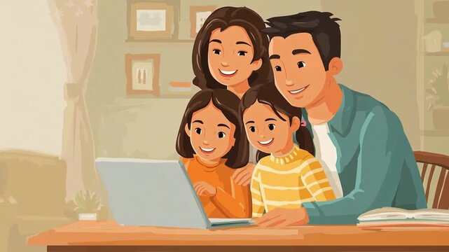 Happy family using digital mortgage process home, smiling parents and children together cozy living room, enjoying online application and modern