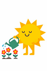 Smiling sun character watering flowers with a watering can