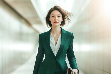Obraz premium A confident young businesswoman in a dark green suit, with windswept hair, stands poised in a modern, bright professional setting.