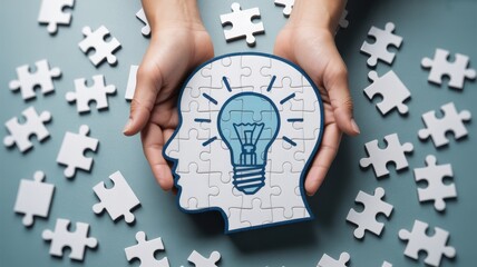 Hands holding jigsaw puzzle in shape of head with light bulb inside representing idea, innovation, creativity, and problem solving