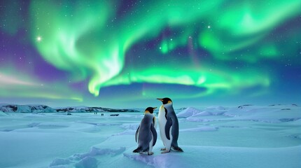 Two emperor penguins on a snowy plain look up at the green aurora borealis or northern lights in the night sky over the antarctic landscape.