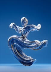 elegant flowing glass sculpture figure dancing on blue background abstract transparent art
