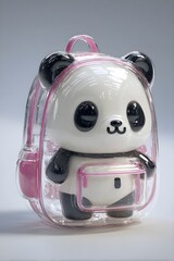 cute transparent panda backpack with pink accents product photography on gray background