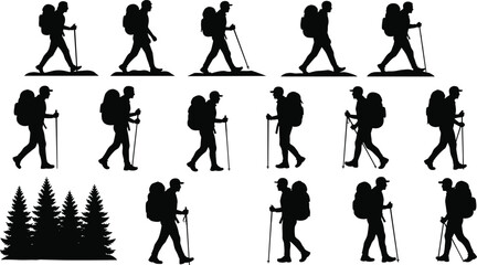 Hiking silhouette vector set with trekkers carrying backpacks and poles, outdoor adventure illustration with pine trees, nature exploration graphic design