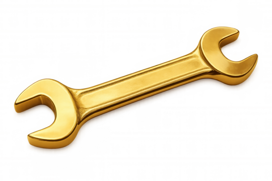 Gold spanner wrench presenting engineering, maintenance, and problem-solving concepts on a transparent background