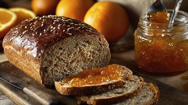 A captivating close-up showcases a beautifully arranged rustic breakfast scene, featuring a freshly baked loaf of multigrain bread, generously sprinkled with sesame seeds. Several thick slices are pre