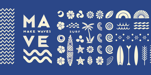 Make waves surf typography with tropical and ocean icons on blue background