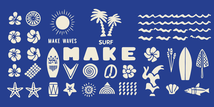 Fototapeta Collection of hawaiian and surf themed icons and text elements on a blue background