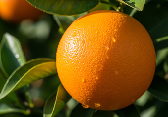 Close up of fresh ripe oranges with dew drops hanging on a green tree under morning sunlight