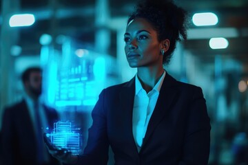 A futuristic African American businesswoman confidently interacts with holographic data projections, showcasing innovation in a high-tech business environment.