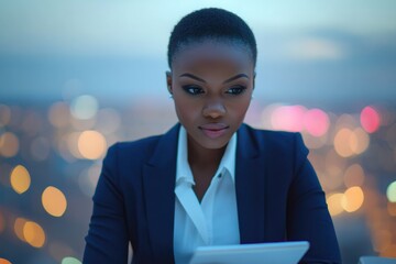 A focused African American businesswoman in a sharp blazer intently reviews content on a tablet against a blurred, vibrant city nightscape, embodying modern professionalism.