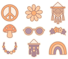Set of boho hippie stickers with peace symbol, daisy, rainbow, macrame, sunglasses, mushroom, flower crown, and beads. Retro vintage pastel vector design for prints, decor, or packaging.