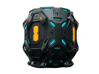 Futuristic tech sphere rendered with neon accents on transparent background