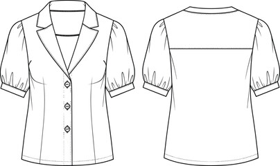 Women blouse sketch, notched lapel collar design, puff sleeve fashion top, button down garment, princess seam blouse, clothing technical drawing